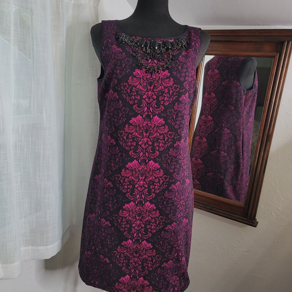 Adrianna Papell Beaded Neck Black Fuchsia Magenta Damask Sheath Dress Pockets 12
